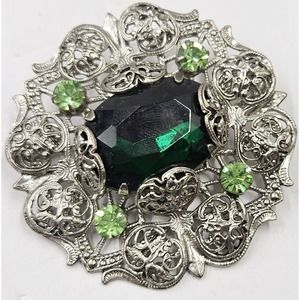 Vtg Unsigned Germany? Green Glass Peidot Rhinestone Heart Filigree Brooch